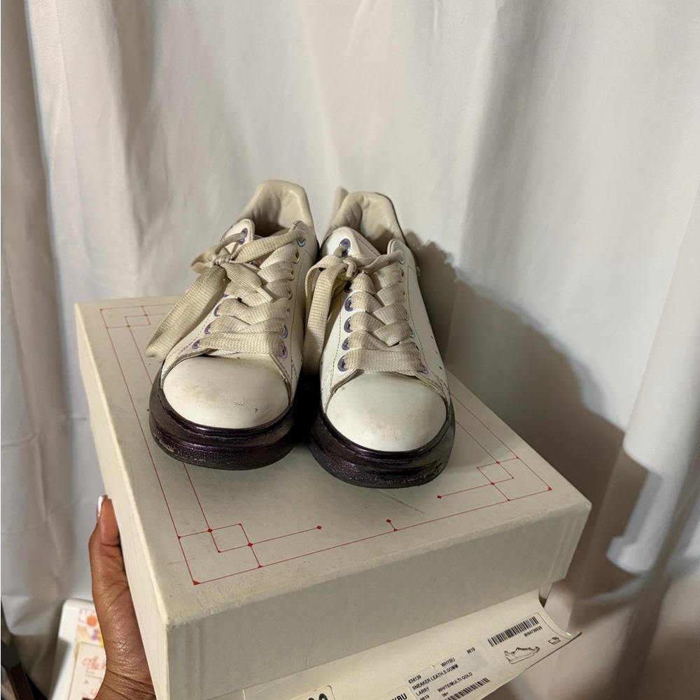 Alexander McQueen White Leather Sneakers with Metallic Purple Gradient Soles